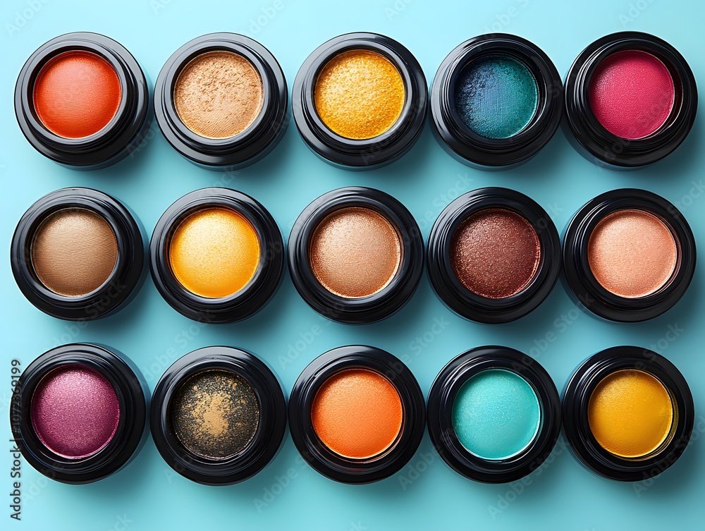 Colorful Makeup Pots on Blue Background Colorful Makeup Pots on Blue Background