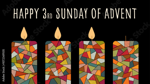 Happy 3rd Sunday of Advent - Schriftzug in englischer Sprache - Fröhlicher 3. Adventssonntag. Grußkarte mit bunten Kerzen.	