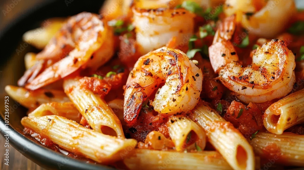 Grilled Shrimp and Spicy Penne Pasta in Tomato Sauce - Culinary Delight for Restaurant Menus and Food Blogs Grilled Shrimp and Spicy Penne Pasta in Tomato Sauce - Culinary Delight for Restaurant Menus and Food Blogs