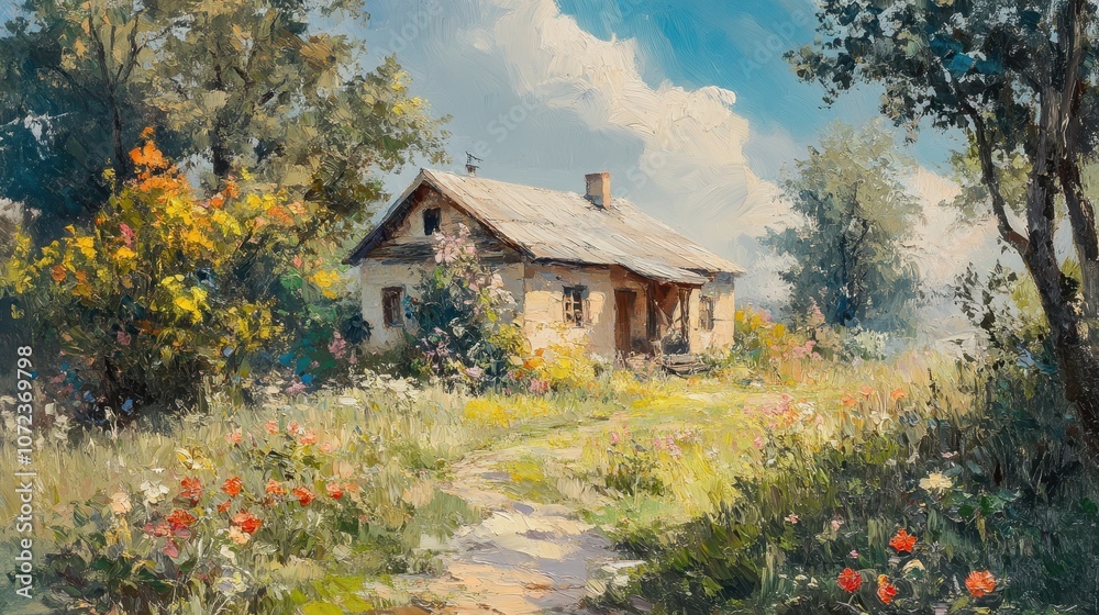 Oil painting on canvas summer landscape with wooden old house, beautiful flowers and trees. Oil painting on canvas summer landscape with wooden old house, beautiful flowers and trees.