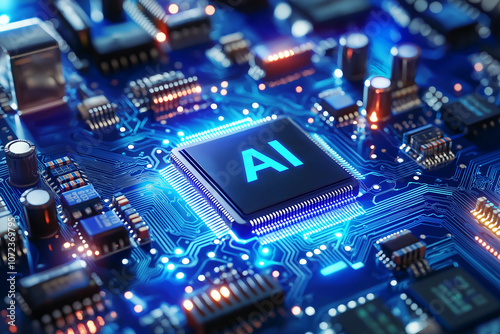 AI technology on circuit board, showcasing intricate details and vibrant colors. This high tech image represents future of artificial intelligence and computing