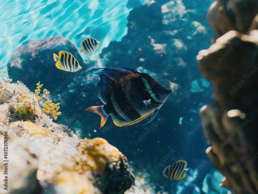 Fototapeta premium Vibrant underwater scene with colorful tropical fish swimming among coral reefs