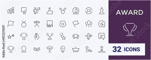 Award linear icon collection. Includes thin line honor, win, medallion, badge, banner, competition, sport, top. Collection for mobile and web apps. Editable stroke.