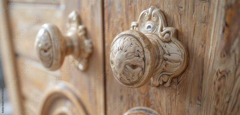 Fototapeta premium Decorative Vintage Door Knobs with Rustic Carved Patterns