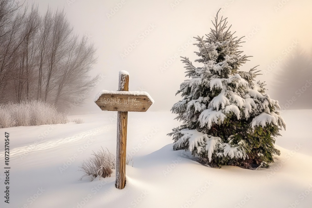 Fototapeta premium Snowy winter landscape with a wooden signpost and a snow-covered evergreen tree