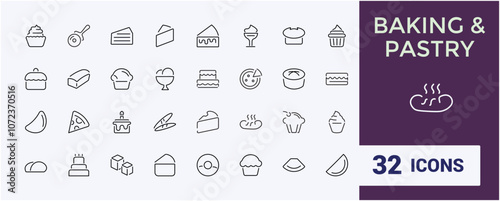 Baking And Pastry icon set. Related to baker, pastry, sugar, bun, donut and more. Thin linear style icons. Editable stroke. Vector illustration.