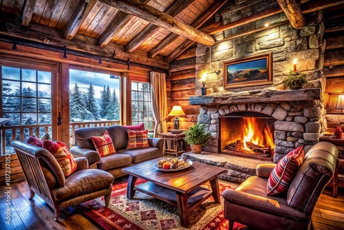 Vintage Rustic Cabin with Crackling Fireplace: Cozy Retreat in the Woods for Winter Getaway, Featuring Warm Lighting and Natural Wood Elements for Inviting Atmosphere