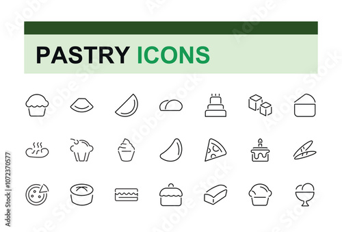 Baking And Pastry icon set. Related to baker, pastry, sugar, bun, donut and more. Thin linear style icons. Editable stroke. Vector illustration.