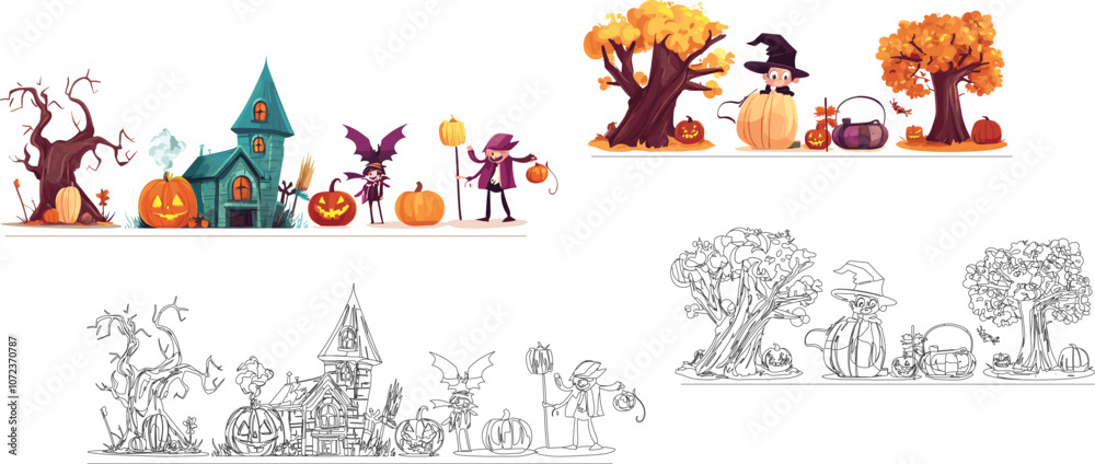 Obraz premium Festive Halloween Magical Scene with Pumpkins and Haunted House