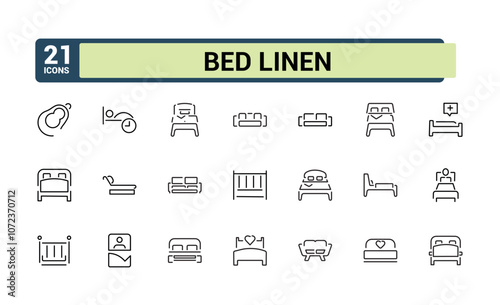 Bed Linen line icons set. Includes icons for sheet, soft, home, duvet, bed and more. Minimalist thin linear icon collection.