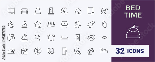 Bed Time thin line icon set. Includes thin line mattress, fast, bed, disorder, pill, slippers, owl and more. Simple icon designs.