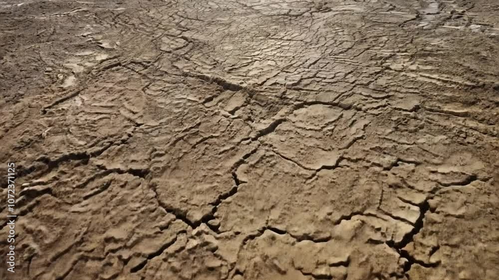 Barren landscape shows the effects of drought as the ground cracks and dries