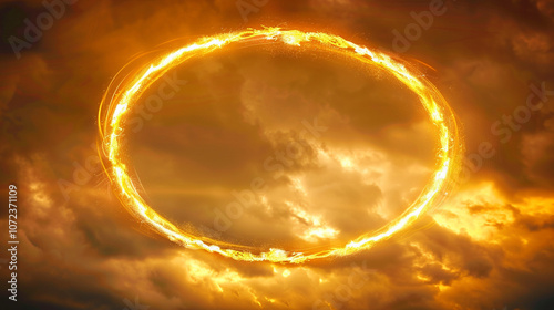 A close shot of an angelâs golden halo, glowing brightly against a cloudy sky backdrop. photo