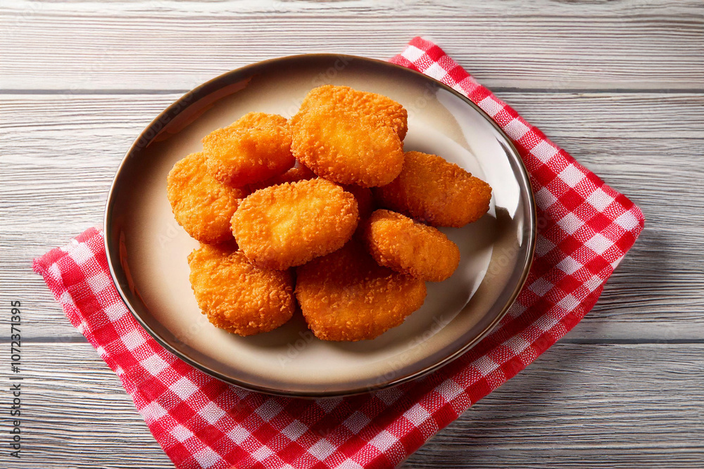 Crispy chicken nuggets on plate. Delicious chicken nugget scene. Nugget plate on napkin.
