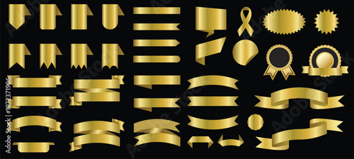 Gold ribbon banners collection isolated on black background. Royal luxurious ribbons set for promotion design. Vector graphic. stock illustration