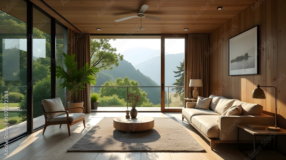Fototapeta premium Interior of a modern glass smart house built among nature, in the forest.