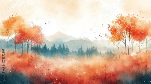 Watercolor abstract art landscape, children story book style, soft pastel color background. Generative Ai.