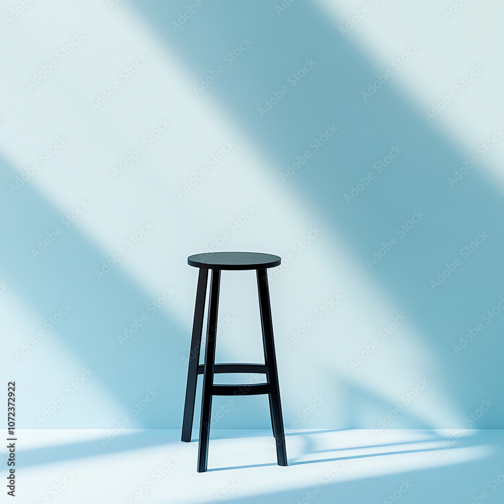Minimalist Black Stool Against Blue Background with Dramatic Shadows Minimalist Black Stool Against Blue Background with Dramatic Shadows
