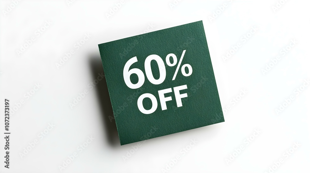 White '60% OFF' Text on a Dark Green Square Paper Note. White Background with Copy Space