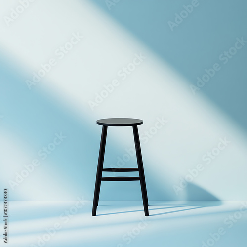 Minimalist Black Stool Against Blue Background with Dramatic Shadows