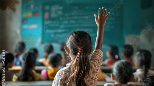 Young girl pupil raises her hand eagerly want to answer question, solve task in classroom filled with children. Enthusiasm and curiosity. Students focused on teacher. School learning, education.