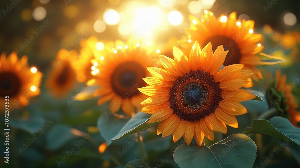Fototapeta premium A vibrant field of sunflowers illuminated by sunlight.