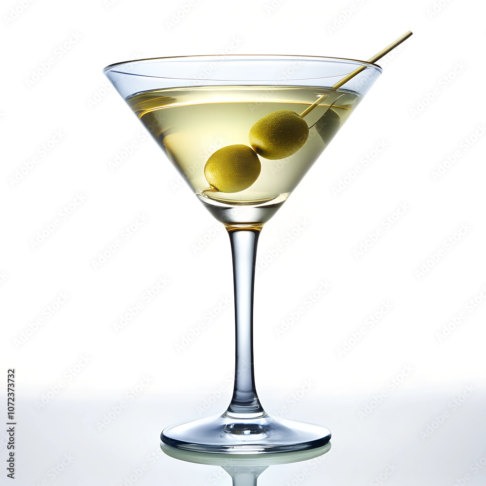 A classic martini cocktail with two green olives on a skewer, served in a clear martini glass against a bright background, embodying elegance and simplicity. A classic martini cocktail with two green olives on a skewer, served in a clear martini glass against a bright background, embodying elegance and simplicity.