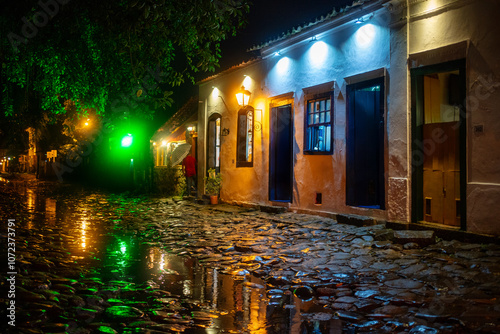 Street at night in the historic center of Paraty, Rio de Janeiro, Brazil, World Heritage. Paraty is a preserved Portuguese colonial and Brazilian imperial city.