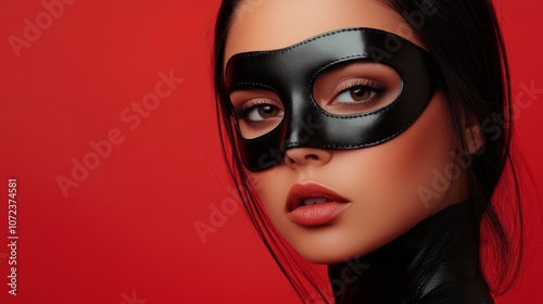 beautiful woman with a black mask with dark background photo