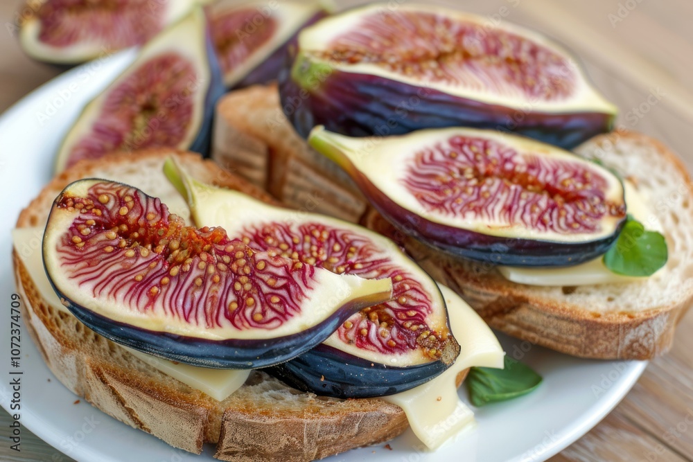 Delicious appetizer consisting of toasted bread topped with cheese, basil leaves, and freshly sliced figs Delicious appetizer consisting of toasted bread topped with cheese, basil leaves, and freshly sliced figs