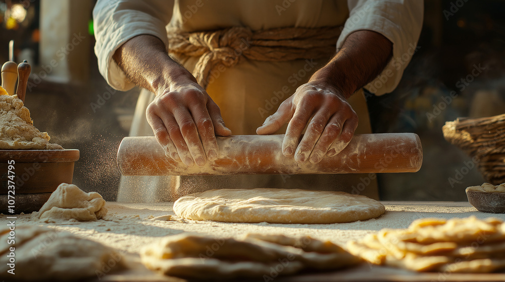 Preparing khobz dough with rolling pin in a rustic kitchen Preparing khobz dough with rolling pin in a rustic kitchen