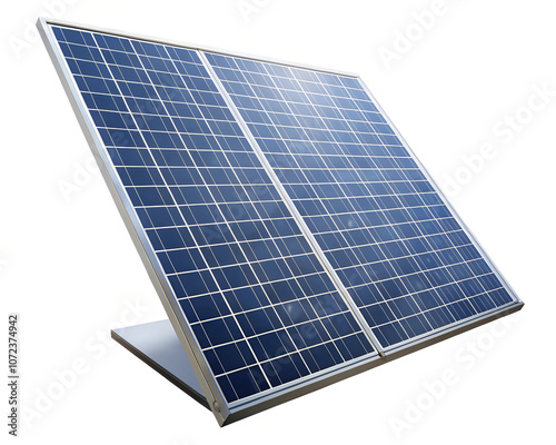 A single solar panel tilted towards the sunlight, isolated on a white background, symbolizing renewable energy and sustainable power sources. photo