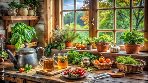 Vintage Style Photography of a Serene Kitchen with Fresh Vegetables and Herbal Tea, Emphasizing the Connection Between Gut Health and Improved Mood for Mental Wellness