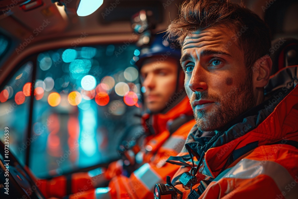 Two emergency responders sit inside a vehicle, wearing bright gear and focused on their task as raindrops create a colorful backdrop of city lights at night Two emergency responders sit inside a vehicle, wearing bright gear and focused on their task as raindrops create a colorful backdrop of city lights at night