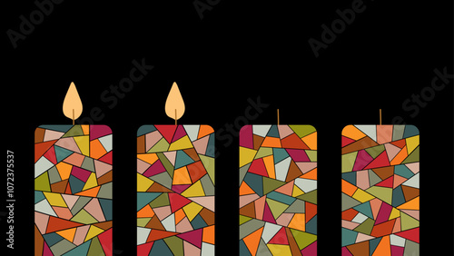 Vektorgrafik mit vier bunten Kerzen vor einem schwarzen Hintergrund, zwei Kerzen brennen. Freier Platz für Text. Vorlage für Grußkarten zum zweiten Advent.
