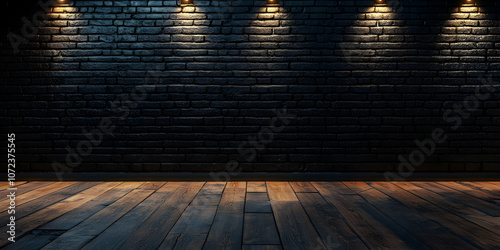 Illustration of a Dark Brick Wall with Wooden Flooring and Soft Lighting, Creating an Industrial Atmosphere-