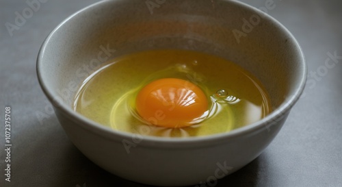 Fresh cracked egg in bowl on dark surface