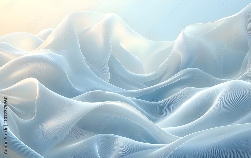 Obraz premium A serene abstract representation featuring soft, flowing waves of translucent fabric in pale blue tones, creating a calming and ethereal atmosphere.