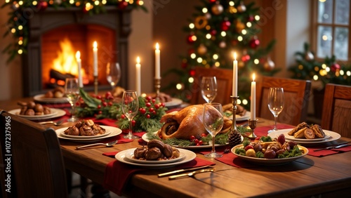 Festive Christmas dinner table setting with roast turkey, and decorations