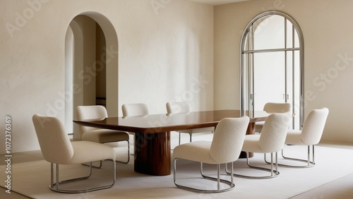 Boucle chairs at dining table in room with stucco walls and arch doorway. Minimalist interior design of modern living room.