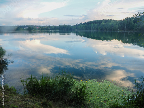 Obraz na płótnie Landscape with lake and forest in the evening. Beautiful nature. w salonie