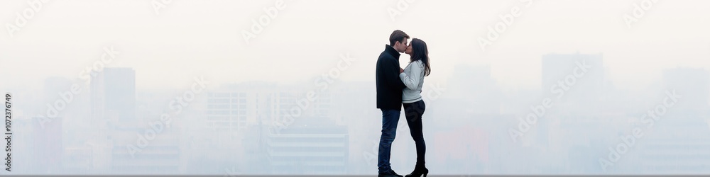 A couple kissing in the city. Scene is romantic and intimate. The city skyline in the background adds to the romantic atmosphere A couple kissing in the city. Scene is romantic and intimate. The city skyline in the background adds to the romantic atmosphere