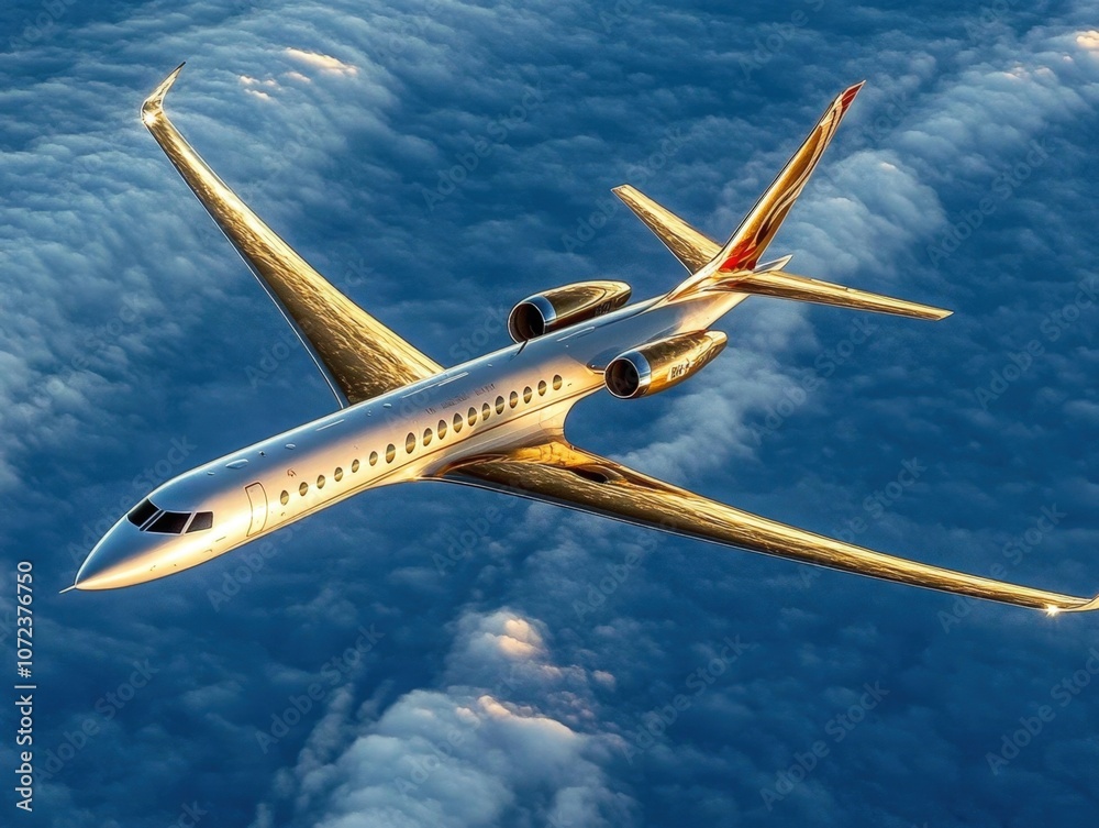 Fototapeta premium Golden private jet soaring through the clouds
