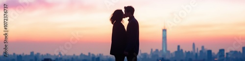 A couple is kissing in front of a city skyline. The sky is pink and orange, and the city is in the background. Scene is romantic and intimate