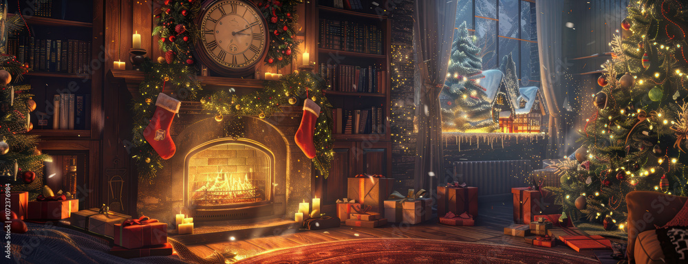 Fototapeta premium Festive Christmas Living Room with Mantel Clock and Decorated Tree for Holiday Celebration