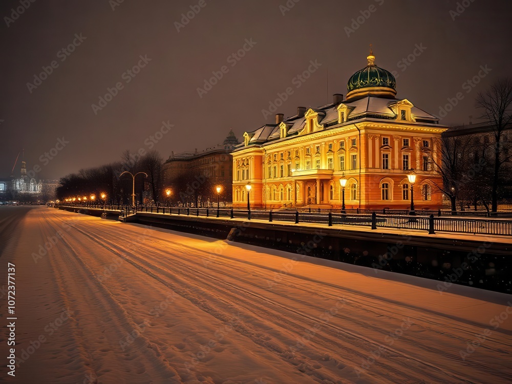 Fototapeta premium Illuminated building on the embankment in snowy winter