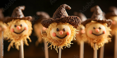 Halloween cake pops shaped like scarecrows with friendly faces, capturing seasonal creativity . illustration photo