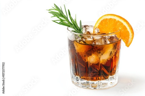 A Glass of Dark Beverage with Ice, Orange Slice, and Rosemary Garnish