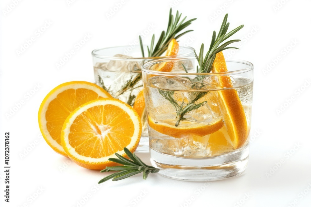 Fototapeta premium Two glasses of orange and rosemary infused beverages with orange slices on a white background