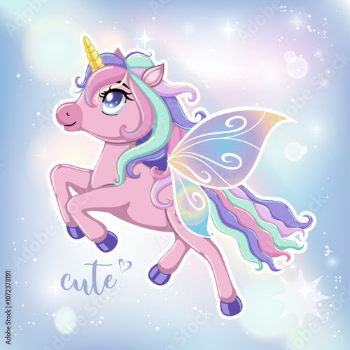 Cute unicorn with rainbow hair.